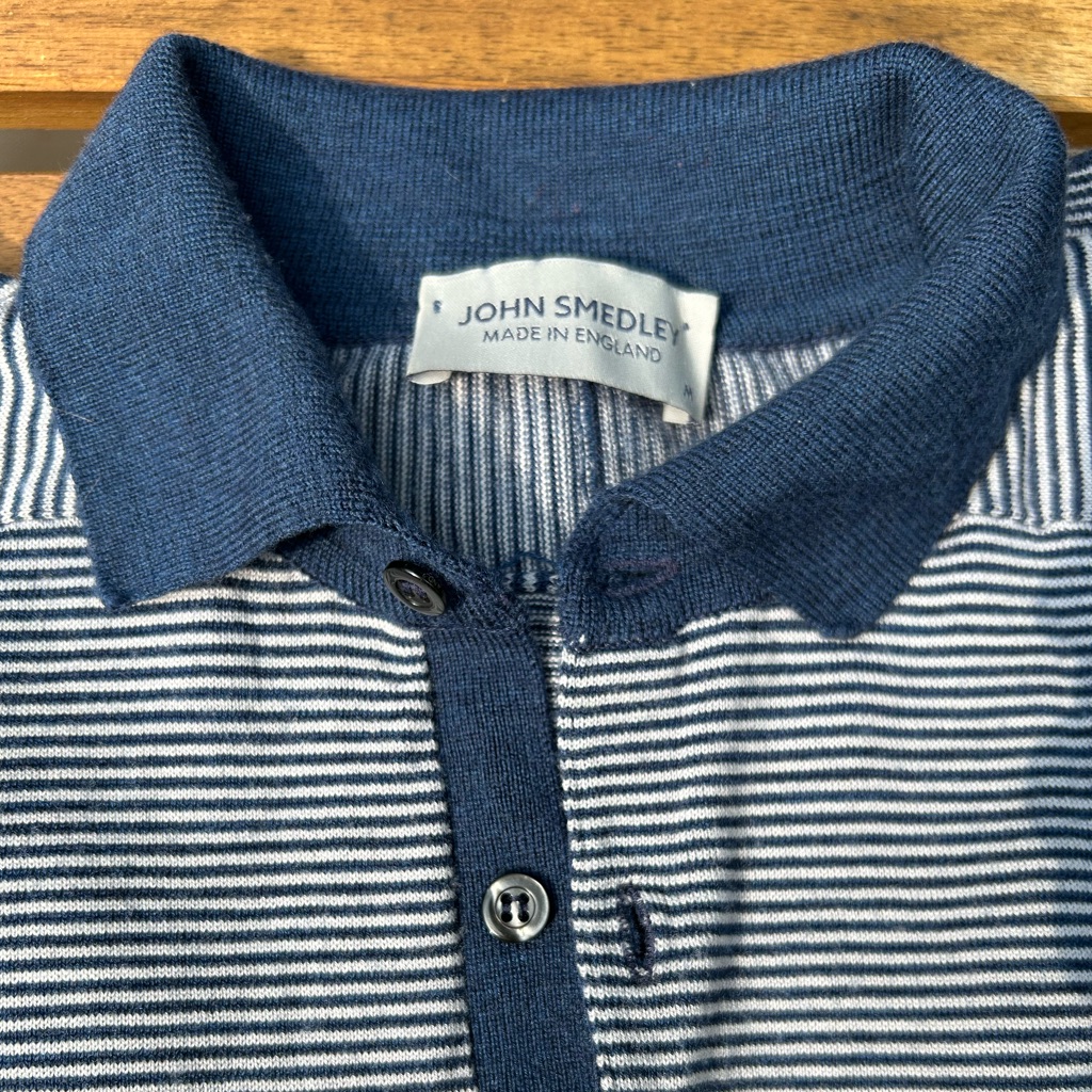 John Smedley Blue And White Striped Polo Men’s Medium Merino Wool
